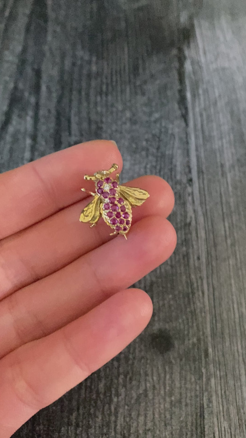 Vintage Ruby and Diamond Bee Pin, 14K Gold