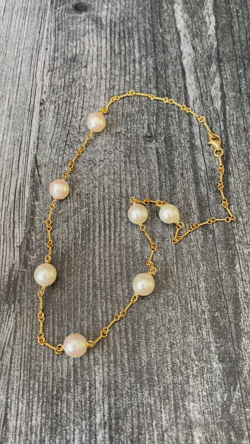 Cultured Pearl and 18K Gold Twist Link Necklace, 16.5” Long