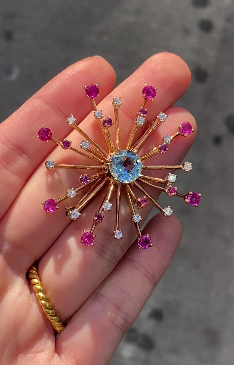 Retro Aquamarine, Diamond, and Ruby Starburst Brooch
