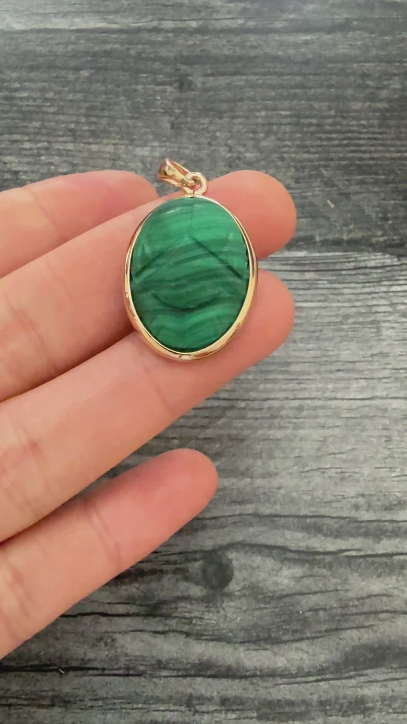 Vintage Malachite and 14K Gold Scarab Pendant