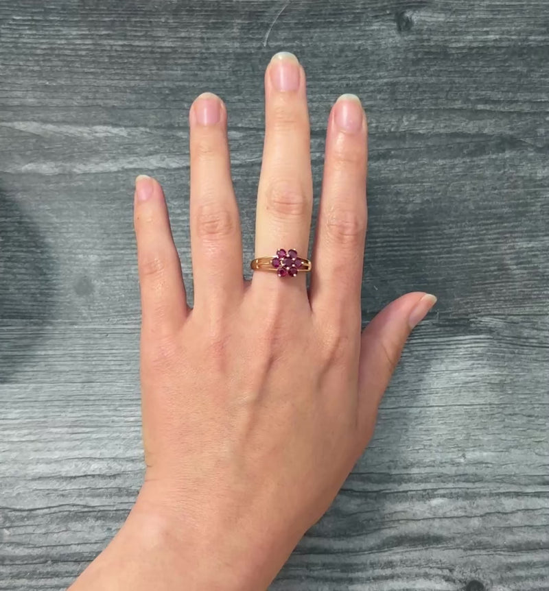 English Ruby Cluster Flower Ring in 14K Gold