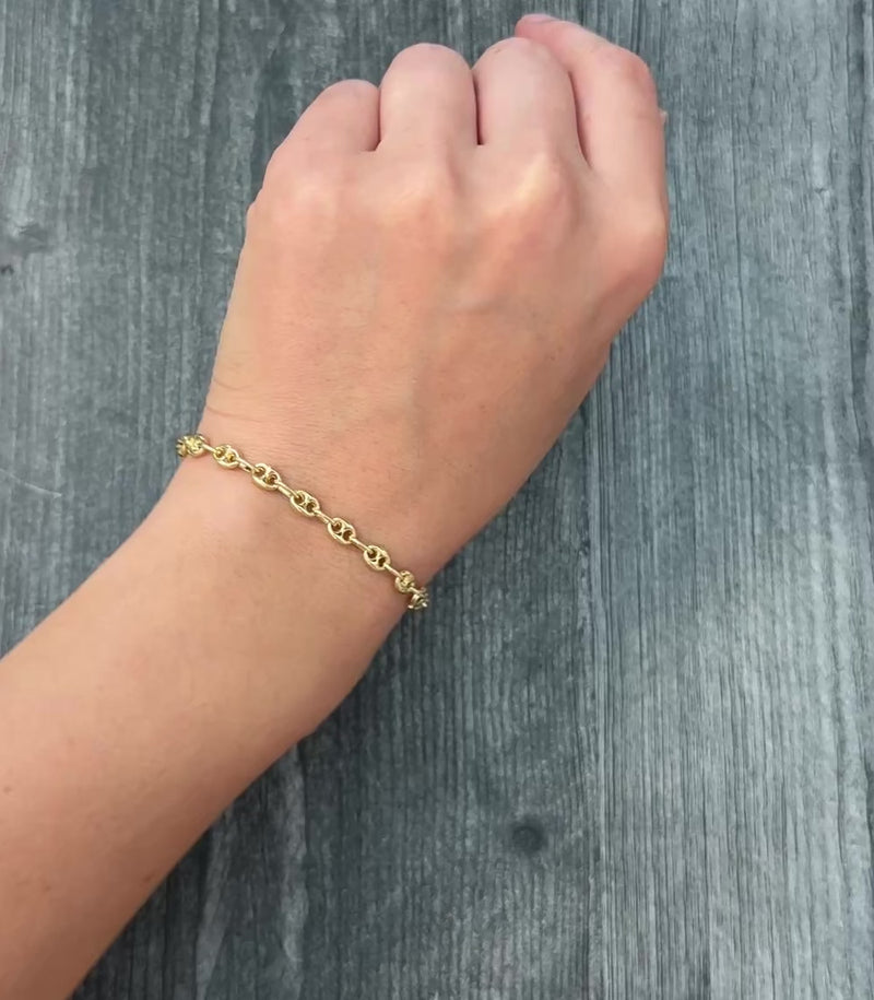 Small 14K Gold Puffy Mariner Link Bracelet, 7" Long