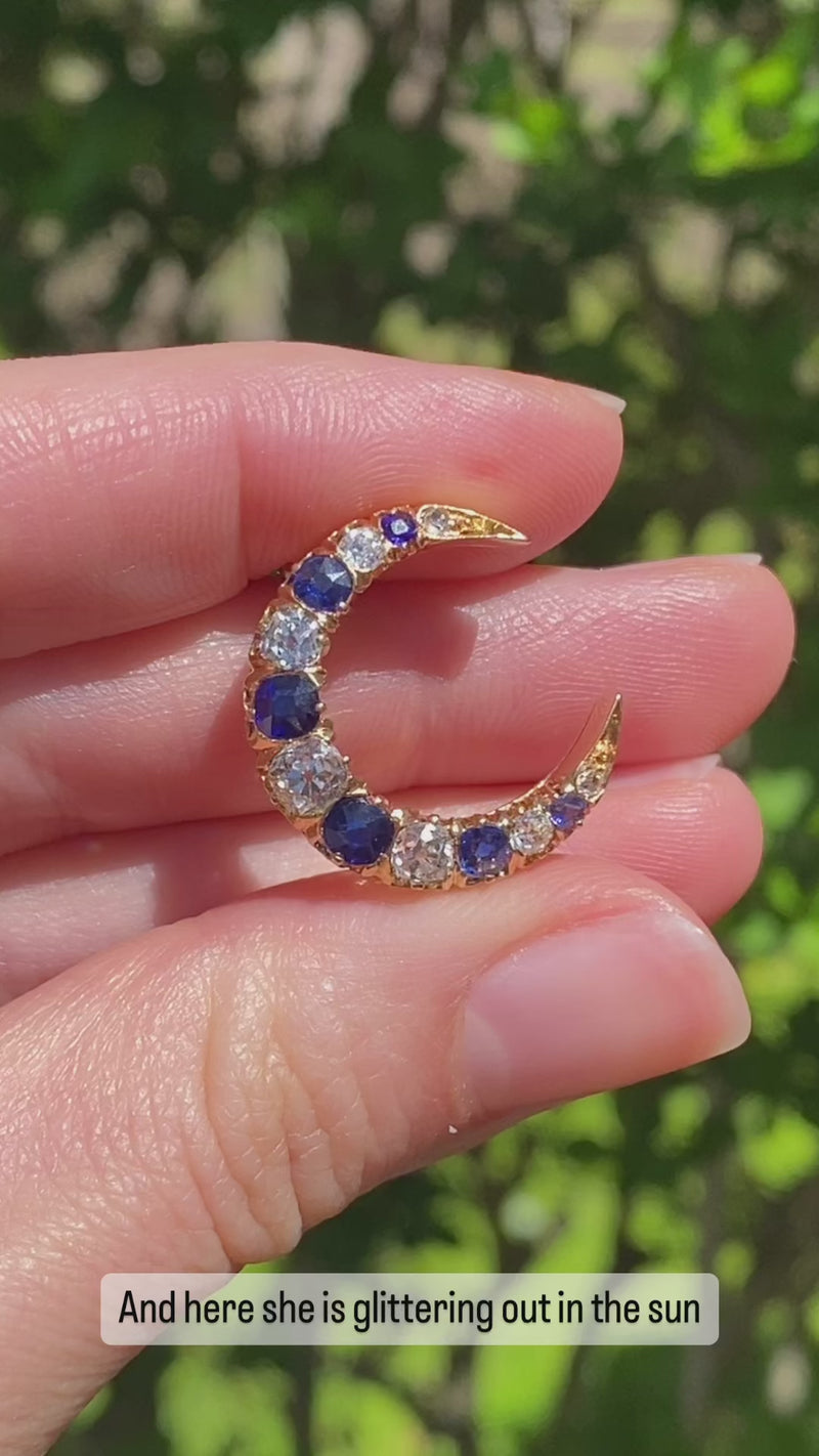 Antique Sapphire and 1.05 Ct Diamond Crescent Pin