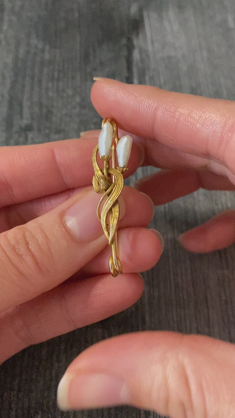 Art Nouveau Pearl and 14K Gold Lily Safety Pin