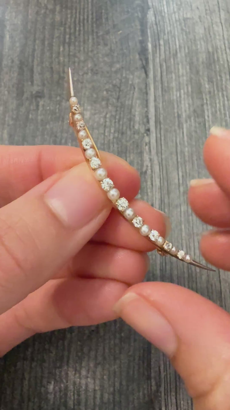 Victorian Diamond and Pearl Crescent Pin
