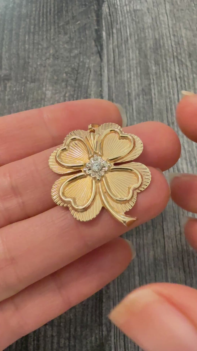Vintage 14K Gold Engine Turned Diamond Clover Charm
