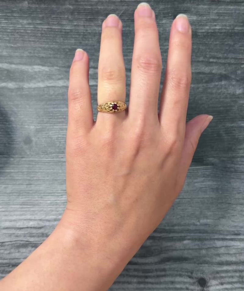 Garnet Ring with Scrolled Shoulders in 14K Gold