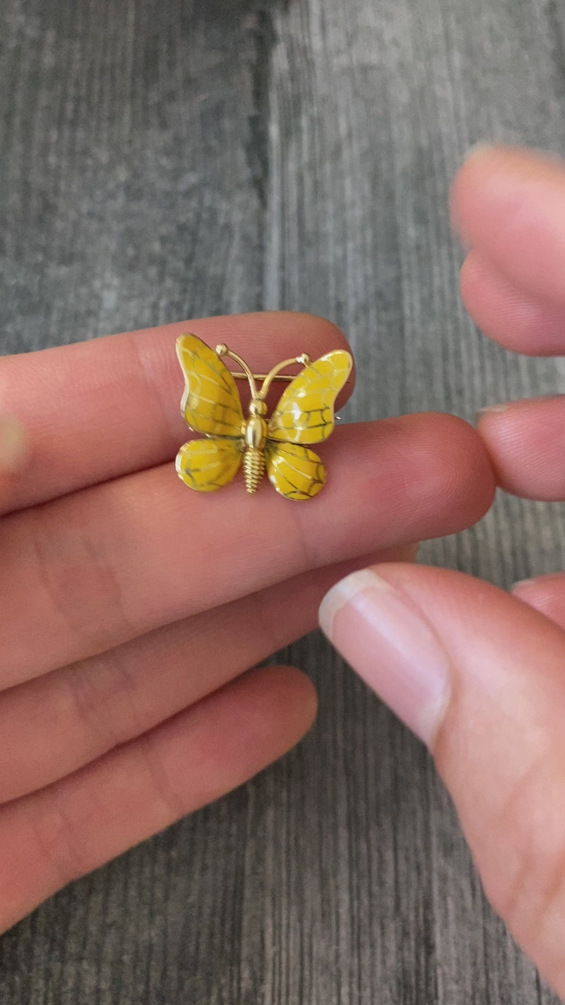Vintage Enamel and 18K Gold Butterfly Pin, Clip