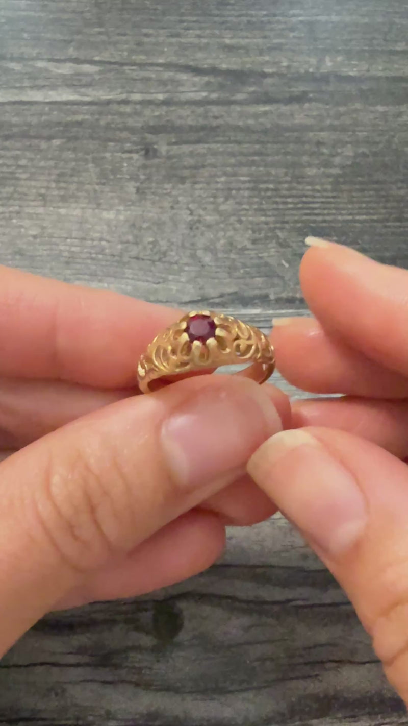 Garnet Ring with Scrolled Shoulders in 14K Gold