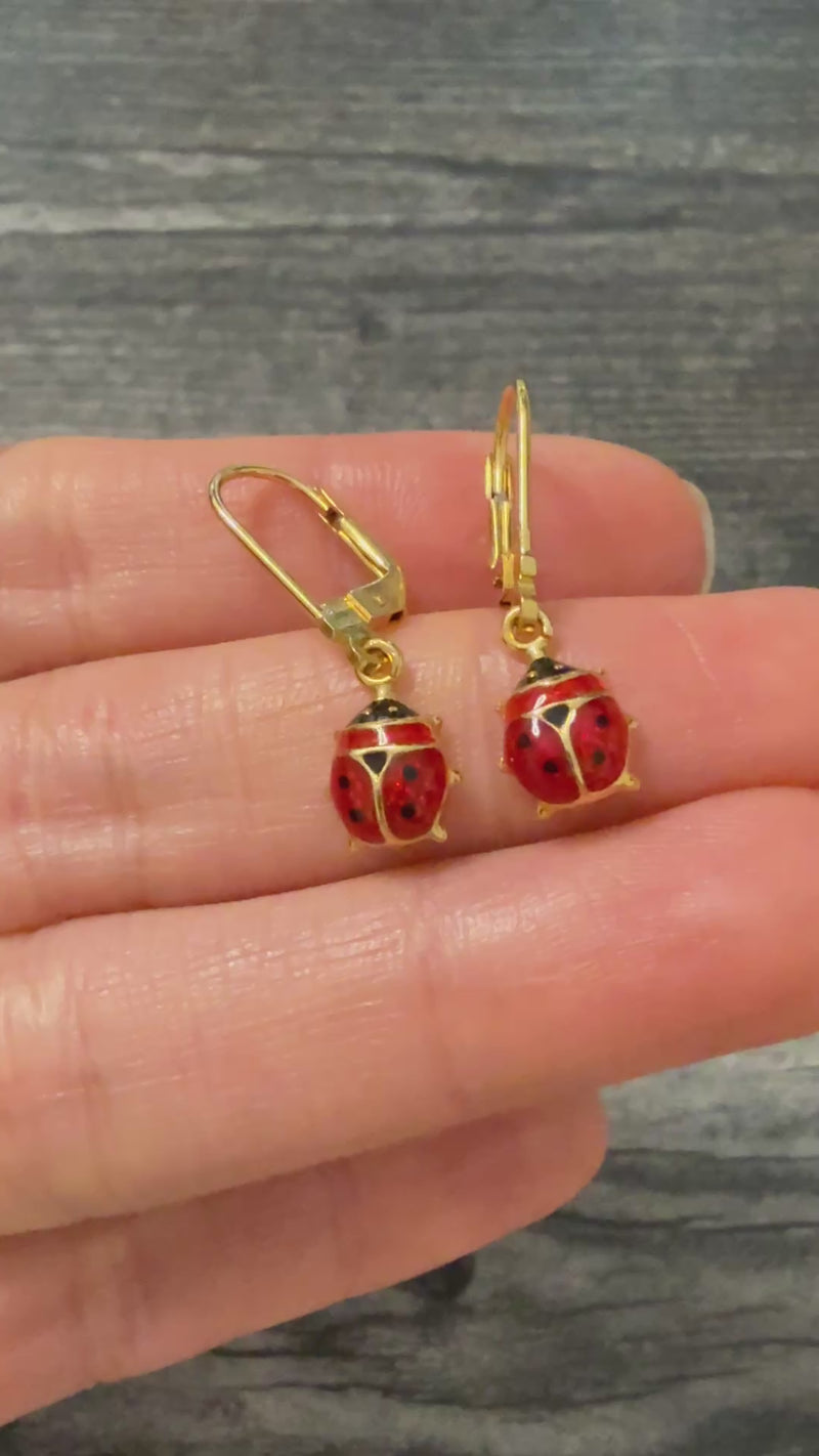 Enamel and 14K Gold Ladybug Dangling Earrings