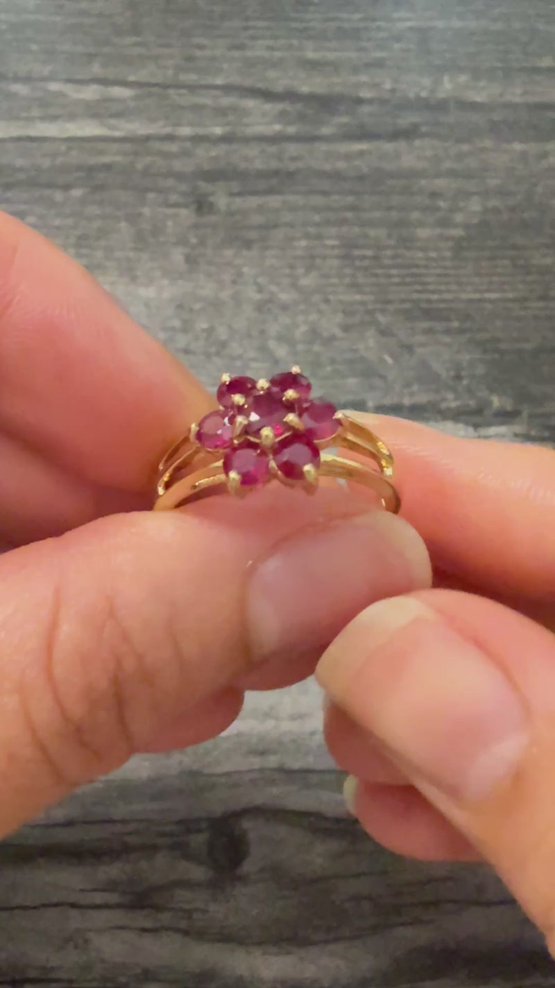 English Ruby Cluster Flower Ring in 14K Gold