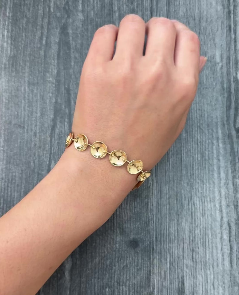 Vintage 14K Gold Concave Disc Bracelet, 7.2" Long