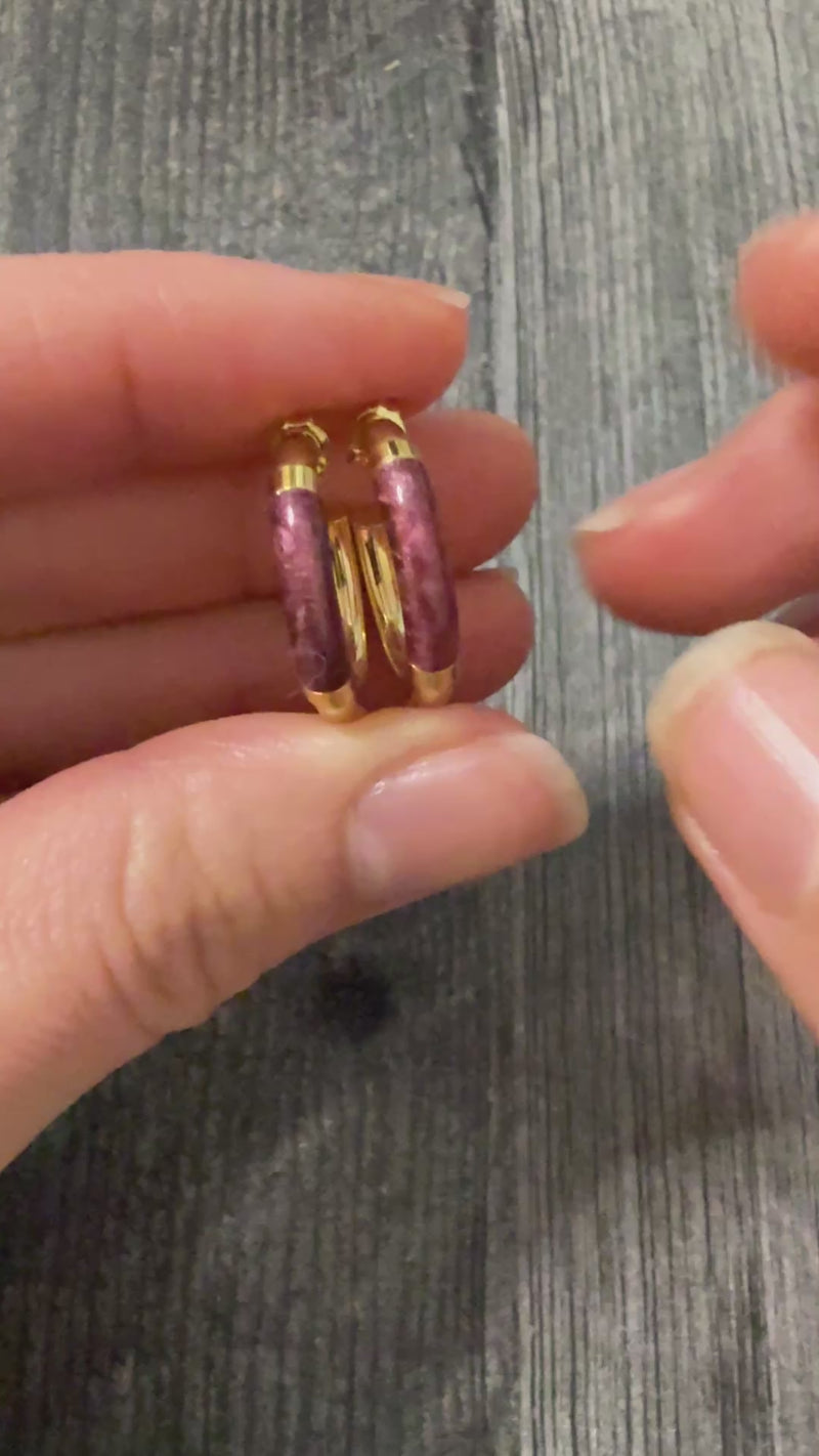 Purple Enamel and 18K Gold Hoop Earrings