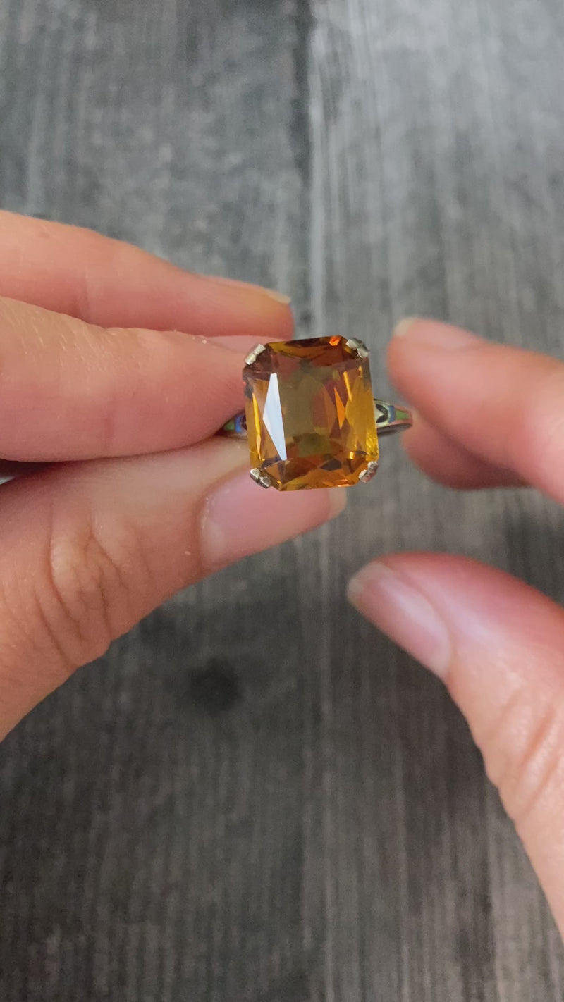 Art Deco Citrine and Enamel 14K Gold Ring