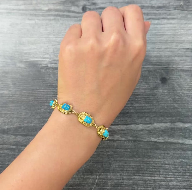 Carved Turquoise and 18K Gold Egyptian Scarab Bracelet, 7.25" Long