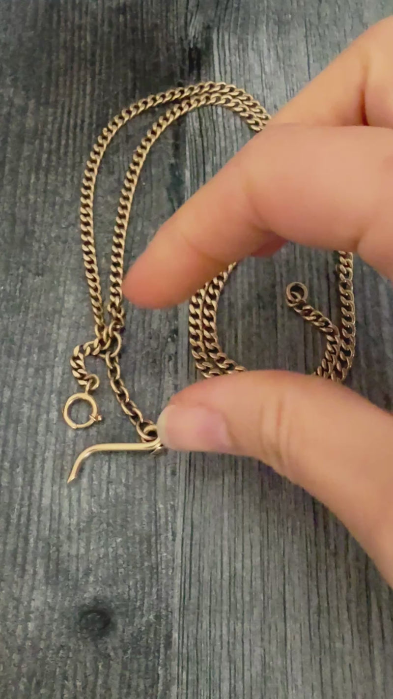 Art Deco 14K Gold Flat Curb Link Watch Chain, Circa 1914