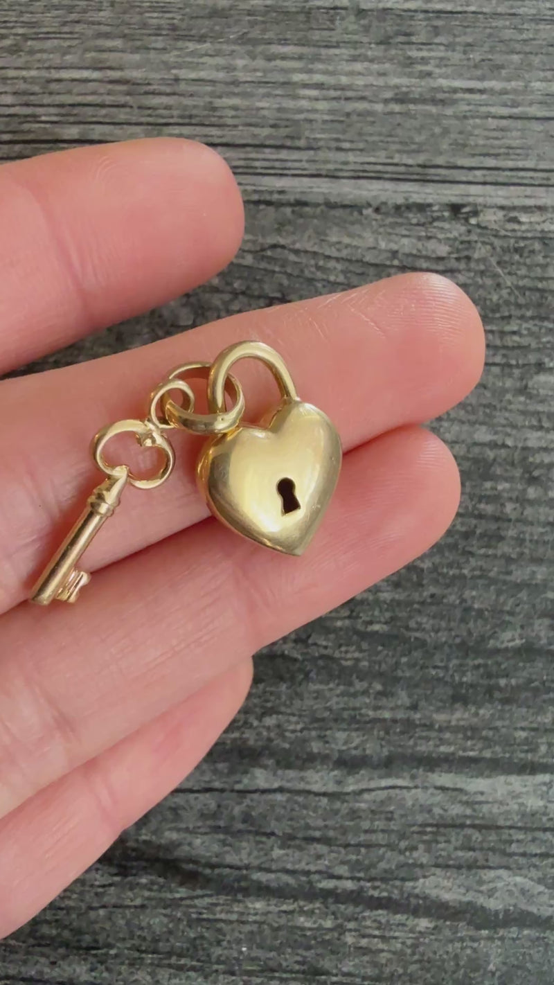 Vintage 14K Gold Puffy Heart Padlock and Key Charm