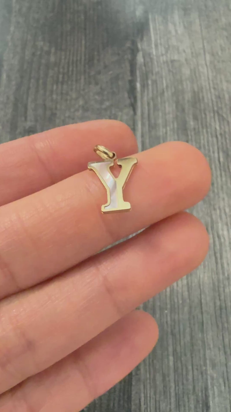 Inlaid Mother Of Pearl and 14K Gold Initial Y Charm