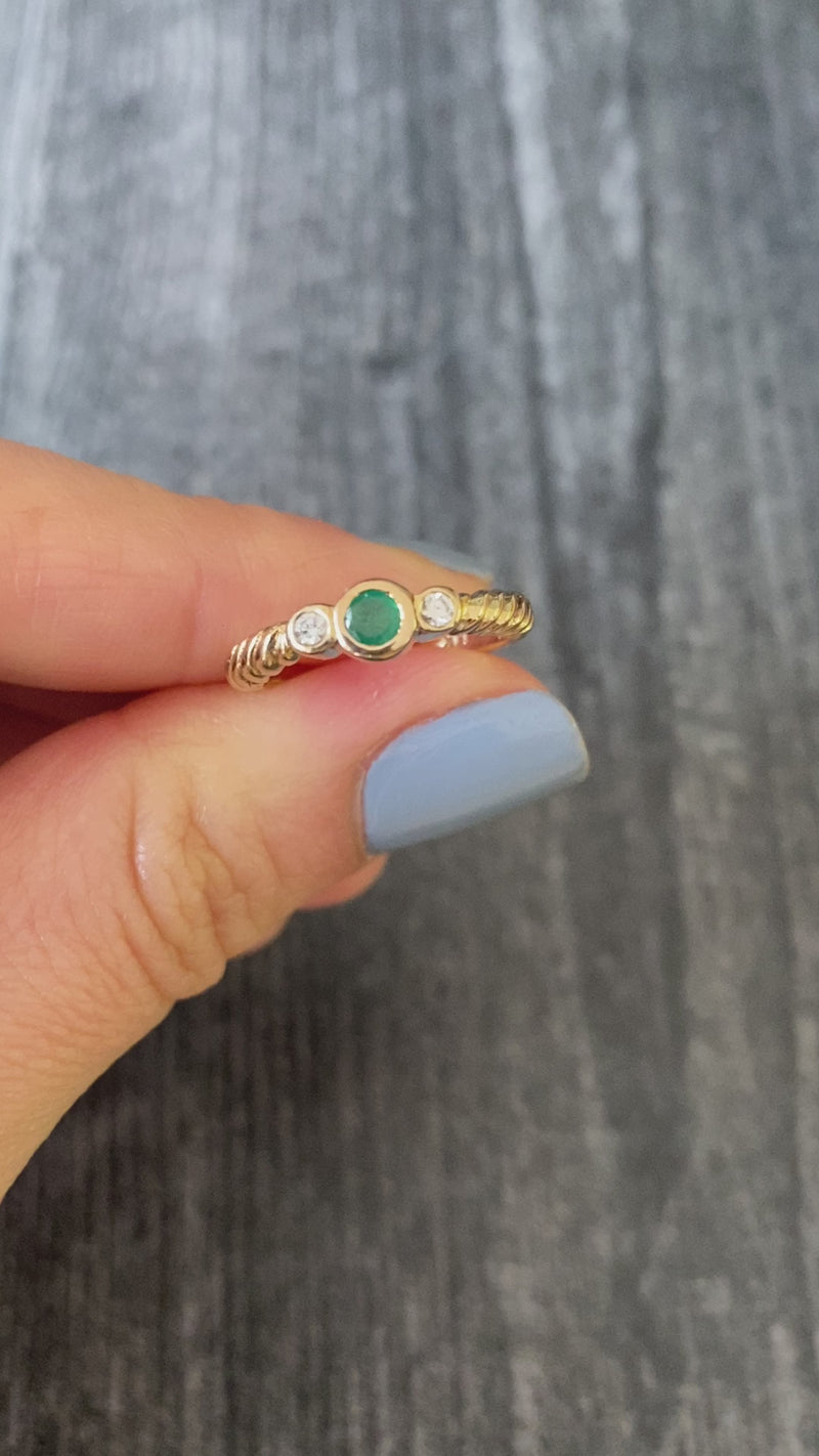Vintage Emerald and Diamond 14K Gold Twist Band
