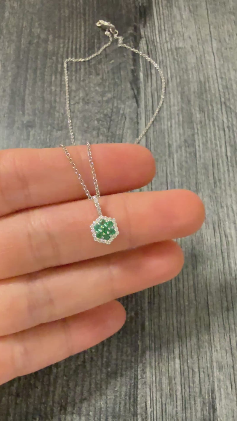 Emerald and Diamond Cluster 14K WG Necklace