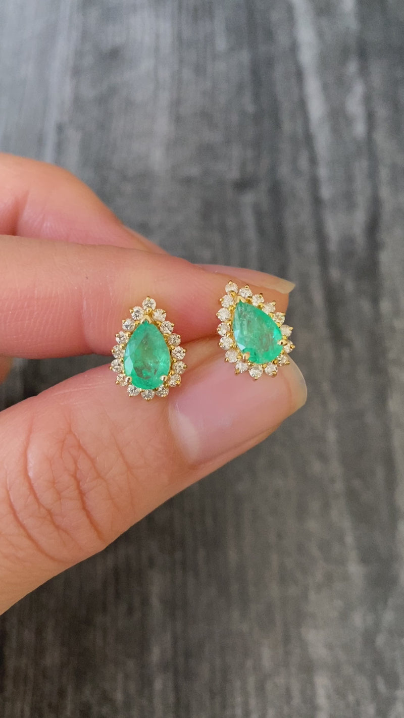 1.6 Carat Pear Shape Emerald and Diamond Stud Earrings