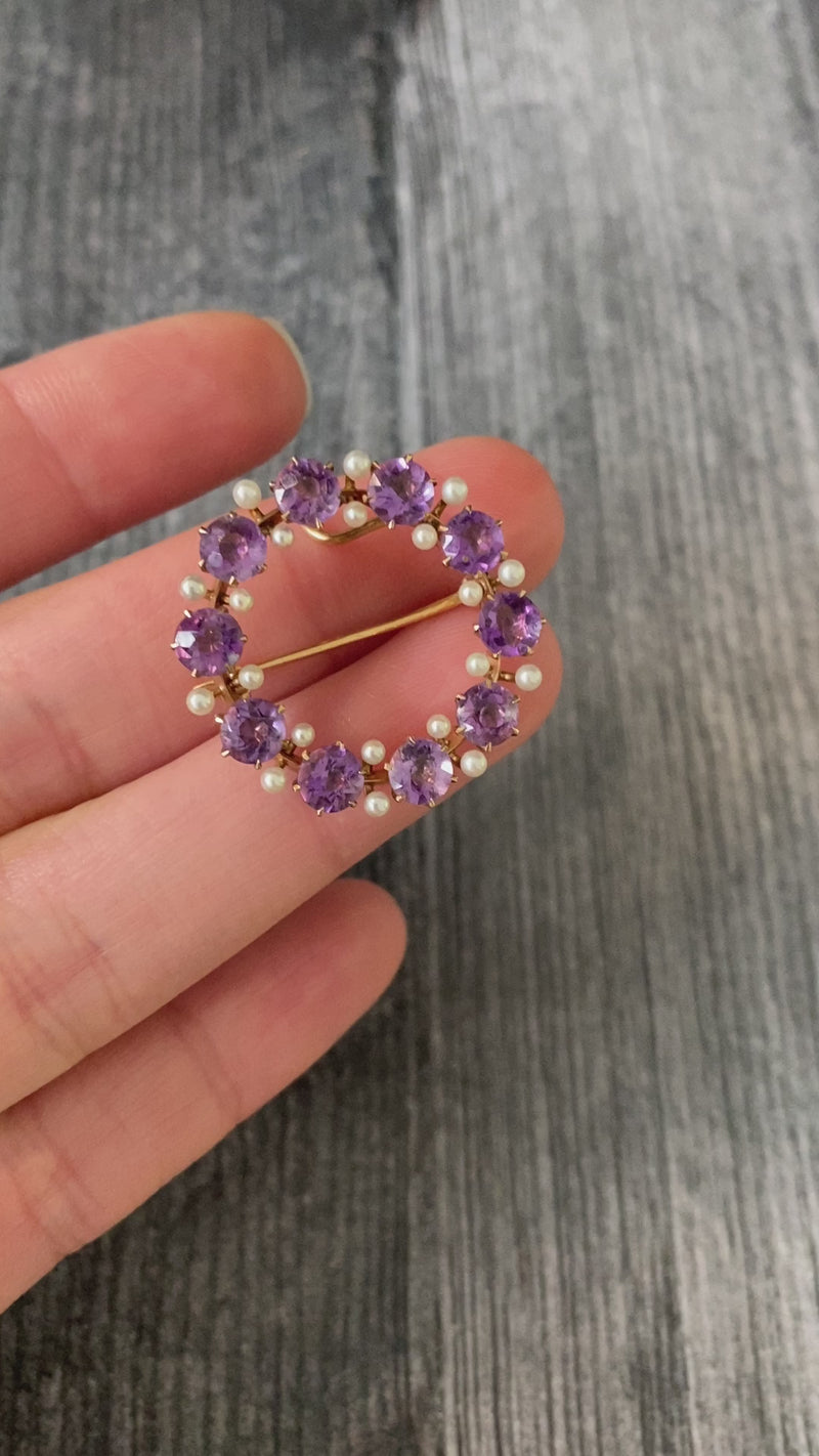 Antique Krementz Amethyst & Pearl Circle Pin