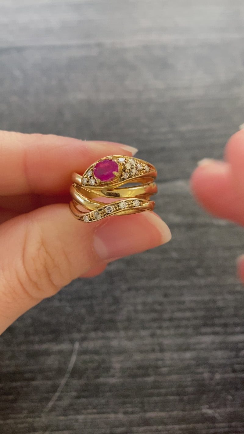 Vintage Ruby, Diamond, and 18K Gold Snake Ring