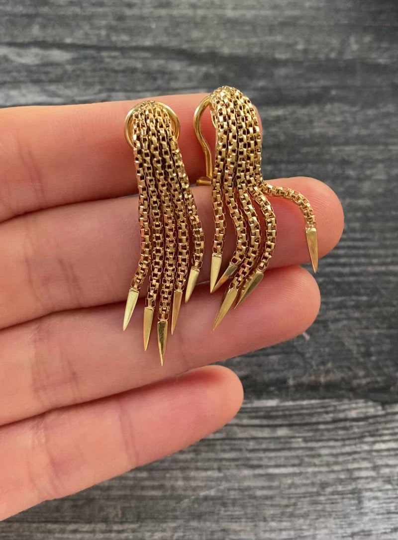 Vintage 18K Gold Spiked Fringe Drop Earrings, Statement Tassels
