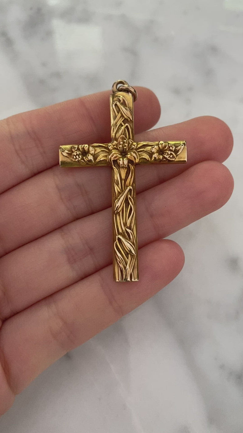 Large Art Nouveau 14K Gold Cross Pendant with Lilies