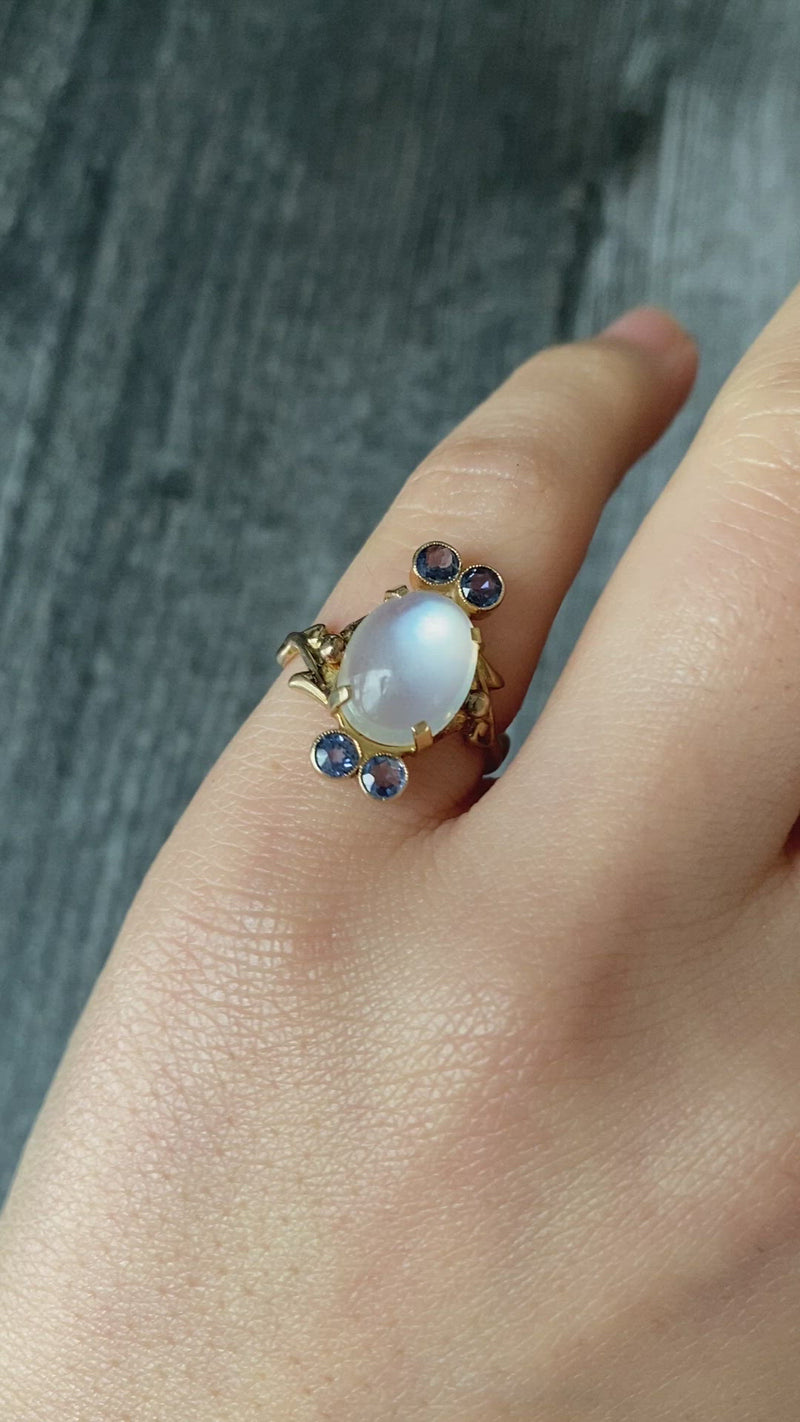 Vintage Moonstone and Sapphire 14K Gold Ring