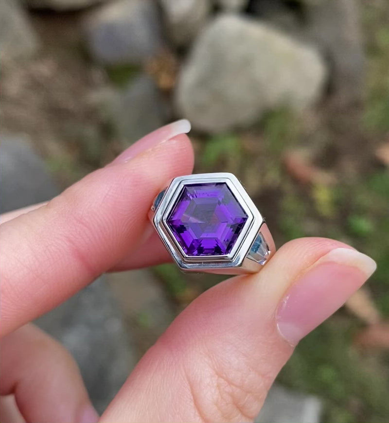 Amethyst and Blue Topaz Hexagonal 18K Gold Signet Ring