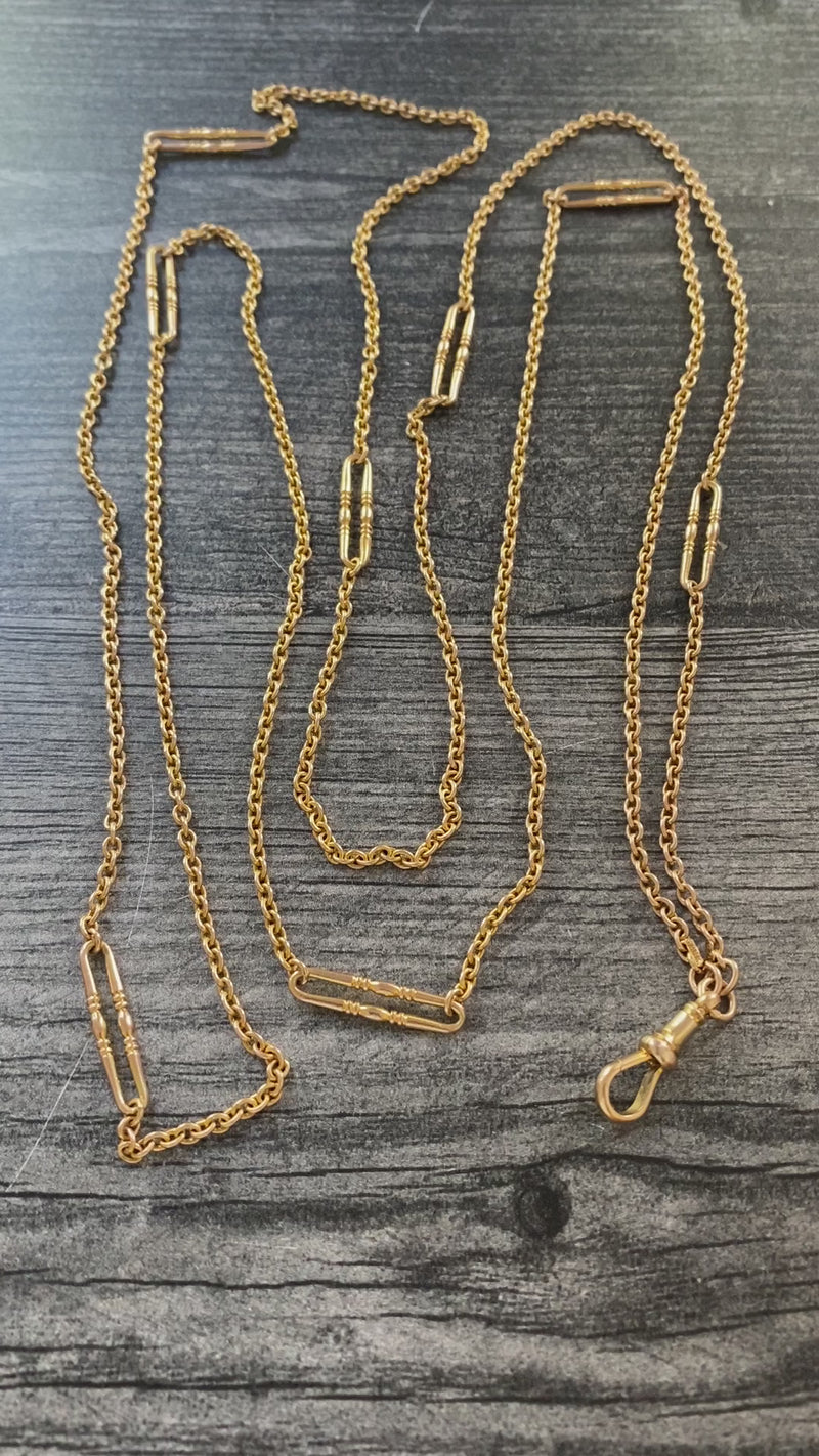 Antique 9K Gold Cable Link Trombone Longuard Chain, 53” Long