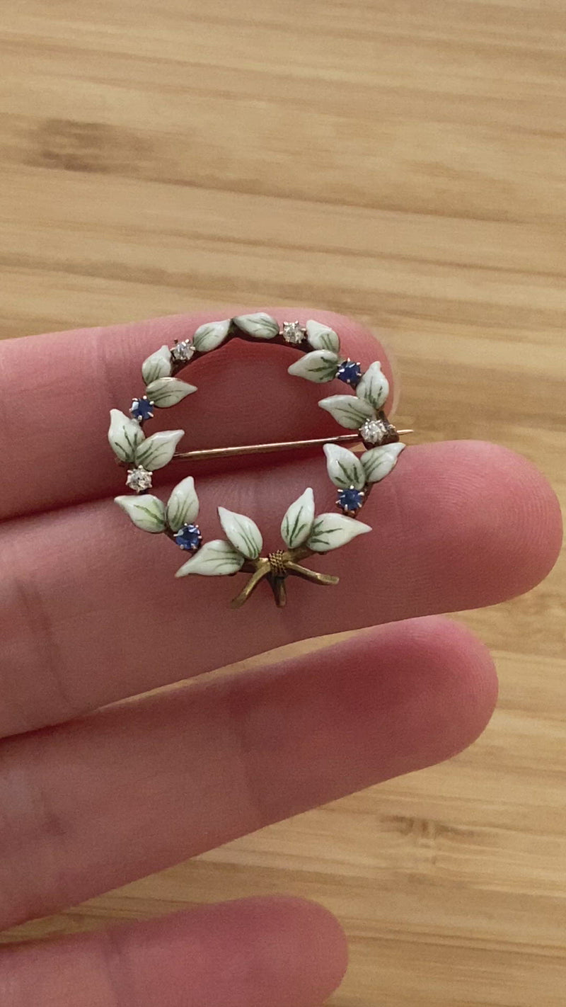 Art Nouveau Enamel, Diamond, and Sapphire Wreath Pin, Antique Fob