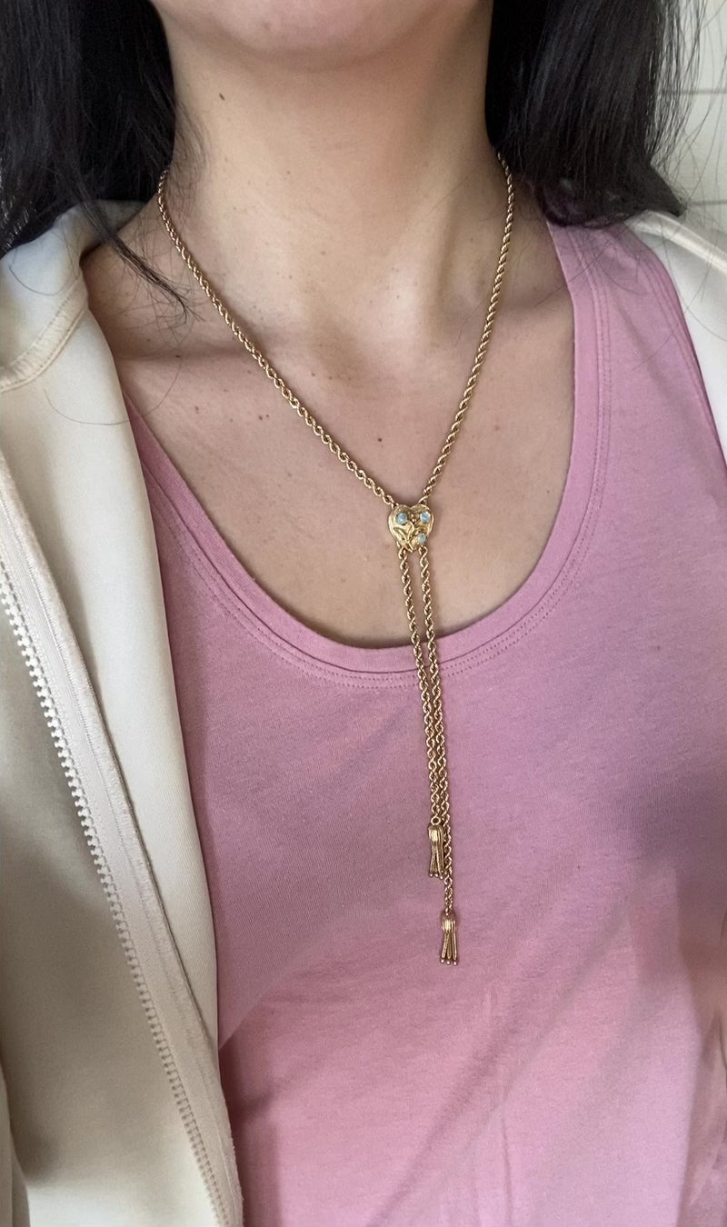 Vintage 14K Gold Rope Chain and Tassel Lariat with Opal Heart Slide