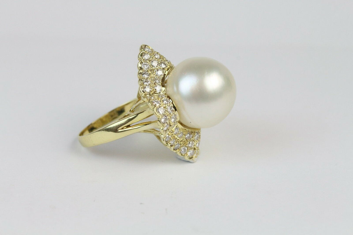 Vintage 14.5 MM South Sea Pearl and 1.5 Carats Diamond Cluster 18K Gold Ring - alpha-omega-jewelry