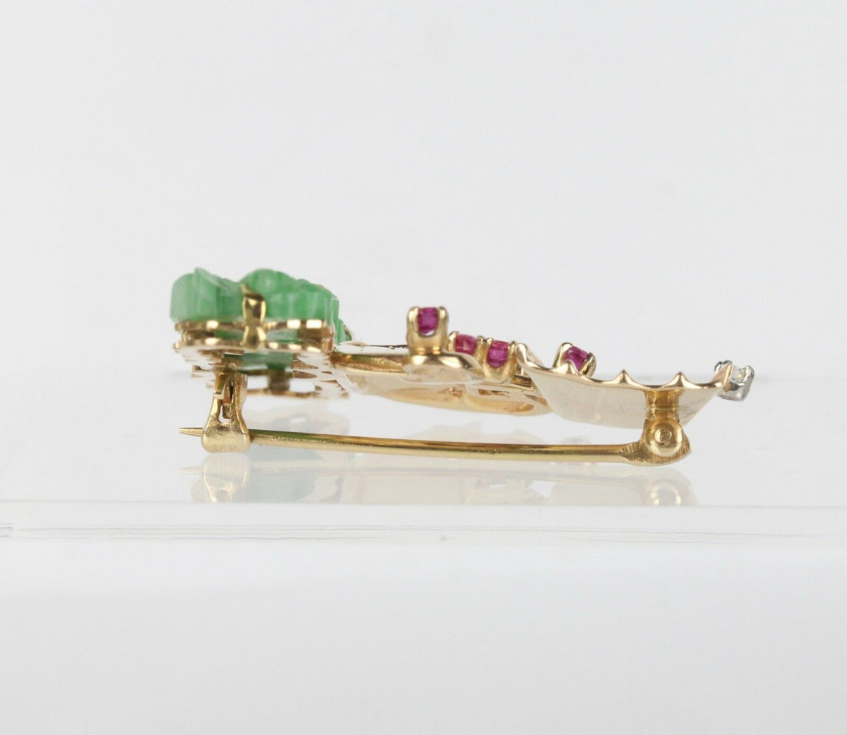 Vintage Carved Jadeite Jade Ruby and Diamond 14K Gold Ship Pin - alpha-omega-jewelry