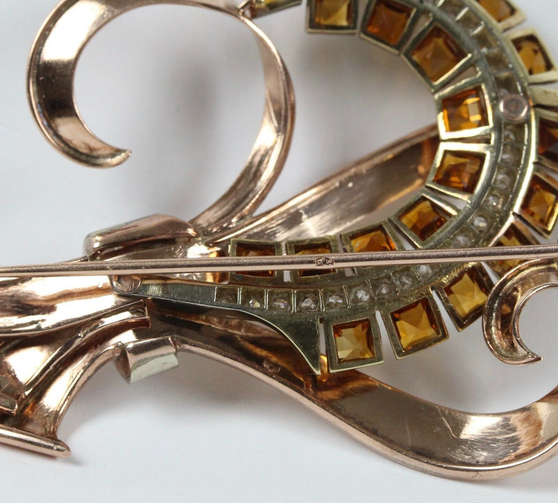 Retro Hungarian 14K Gold 2.75 Carat Diamond and 6.3 Carat Citrine Brooch Pin - alpha-omega-jewelry