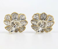 Platinum 18K Gold Pearl and 1.5 Carat Diamond Flower Cluster Clip Earrings - alpha-omega-jewelry