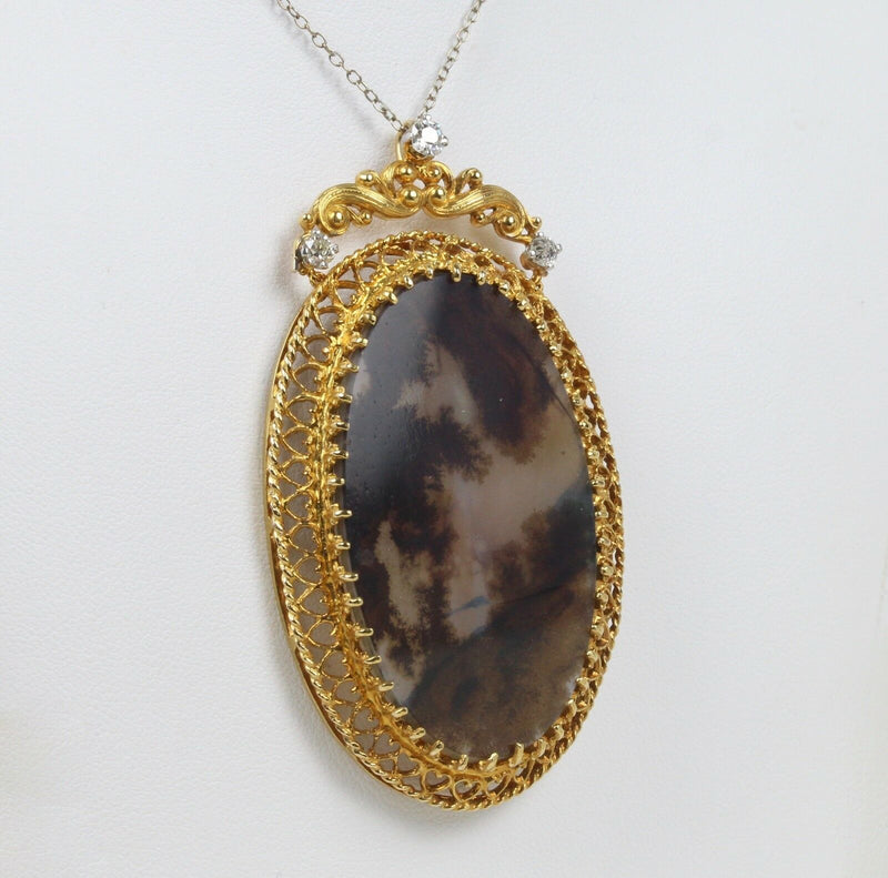 Victorian Dendritic Moss Agate and 0.5 Carat Diamond 14K Gold Pendant Necklace - alpha-omega-jewelry