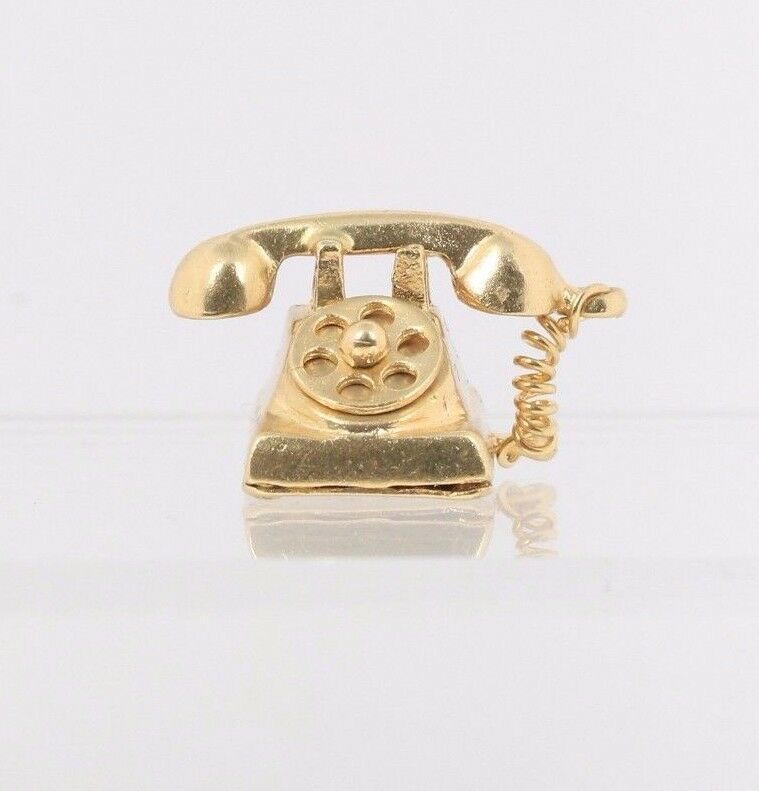 Vintage Spinning Rotary Telephone 10K Gold Charm Pendant - alpha-omega-jewelry