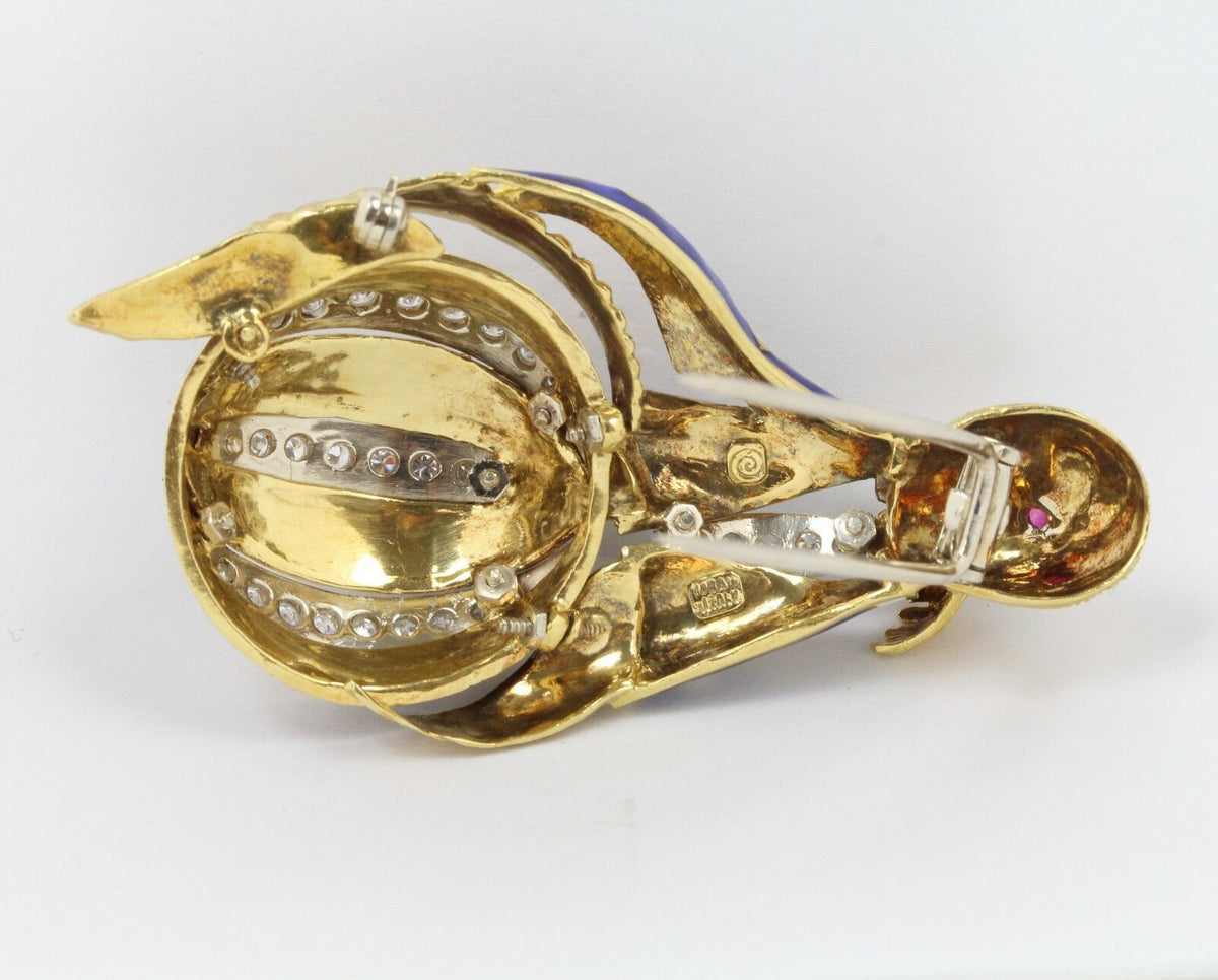 Vintage Circus Walrus Enamel 1 Carat Diamond 18K Gold Brooch Pin - alpha-omega-jewelry