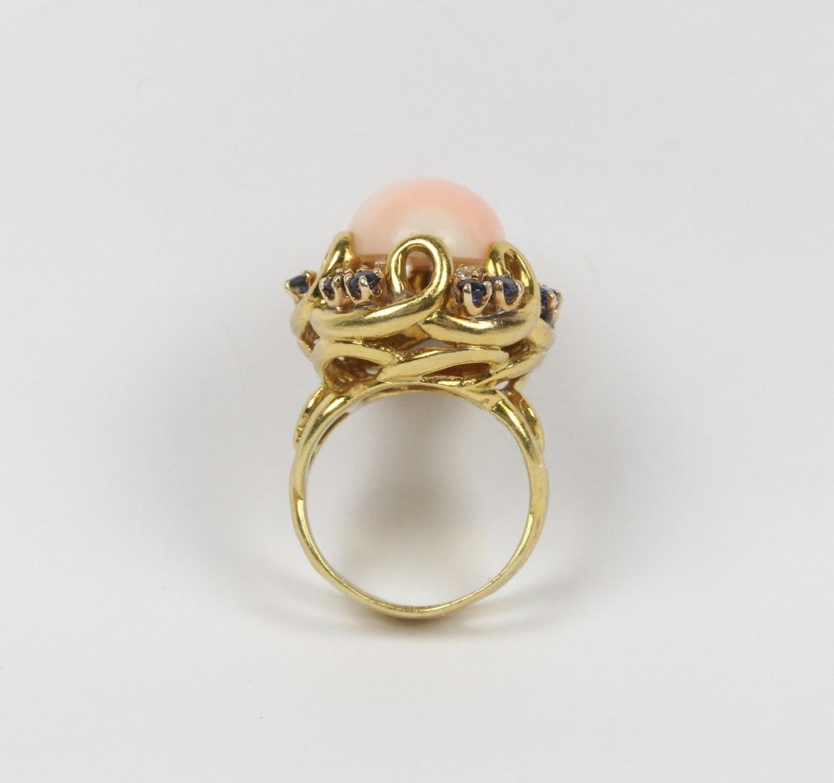 Natural Angel Skin Coral and Sapphire 18K Gold Cocktail Ring - alpha-omega-jewelry