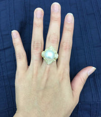 Vintage 14.5 MM South Sea Pearl and 1.5 Carats Diamond Cluster 18K Gold Ring - alpha-omega-jewelry