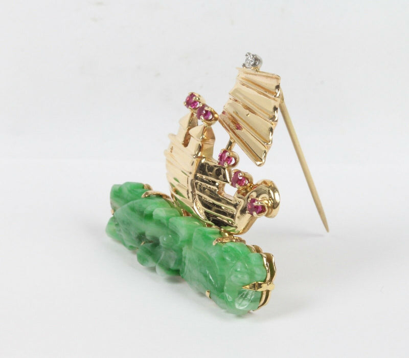 Vintage Carved Jadeite Jade Ruby and Diamond 14K Gold Ship Pin - alpha-omega-jewelry