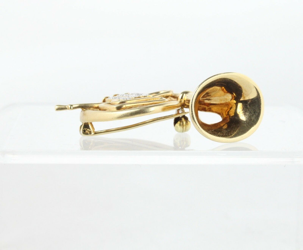 Vintage 14K Gold and Diamond French Horn Musical Instrument Pin Brooch - alpha-omega-jewelry