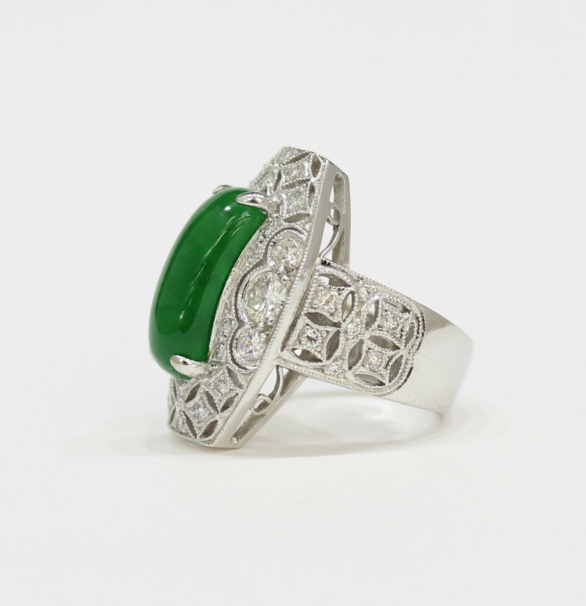 GIA Certified Imperial Green "A" Jadeite Jade Art Deco Diamond 18K Gold Ring - alpha-omega-jewelry