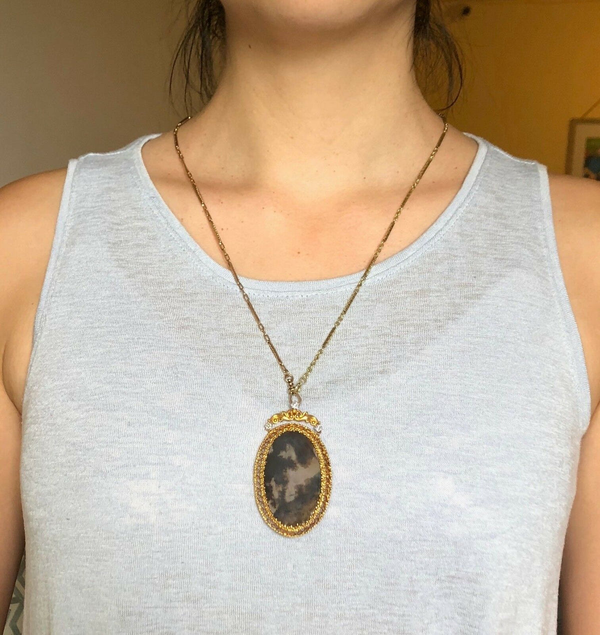 Victorian Dendritic Moss Agate and 0.5 Carat Diamond 14K Gold Pendant Necklace - alpha-omega-jewelry