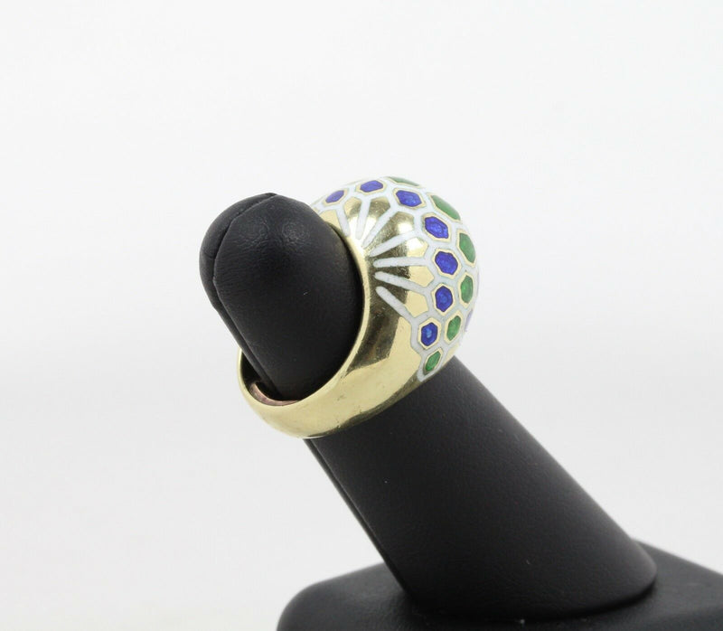 Vintage Blue Green and White Honeycomb Enamel 14K Gold Dome Ring - alpha-omega-jewelry