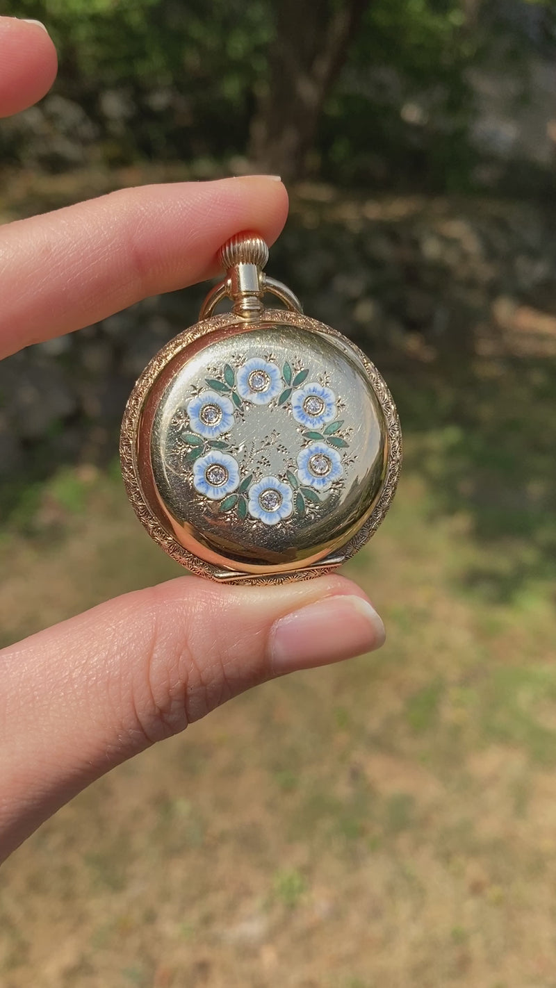 Antique Enamel, Diamond, and 14K Gold Forget Me Not Flower Pocket Watch