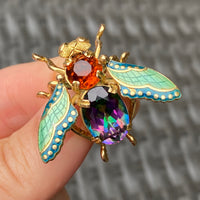 Vintage 18K Gold Enamel, Citrine, Mystic Topaz Fly Insect Pin, Bee Brooch